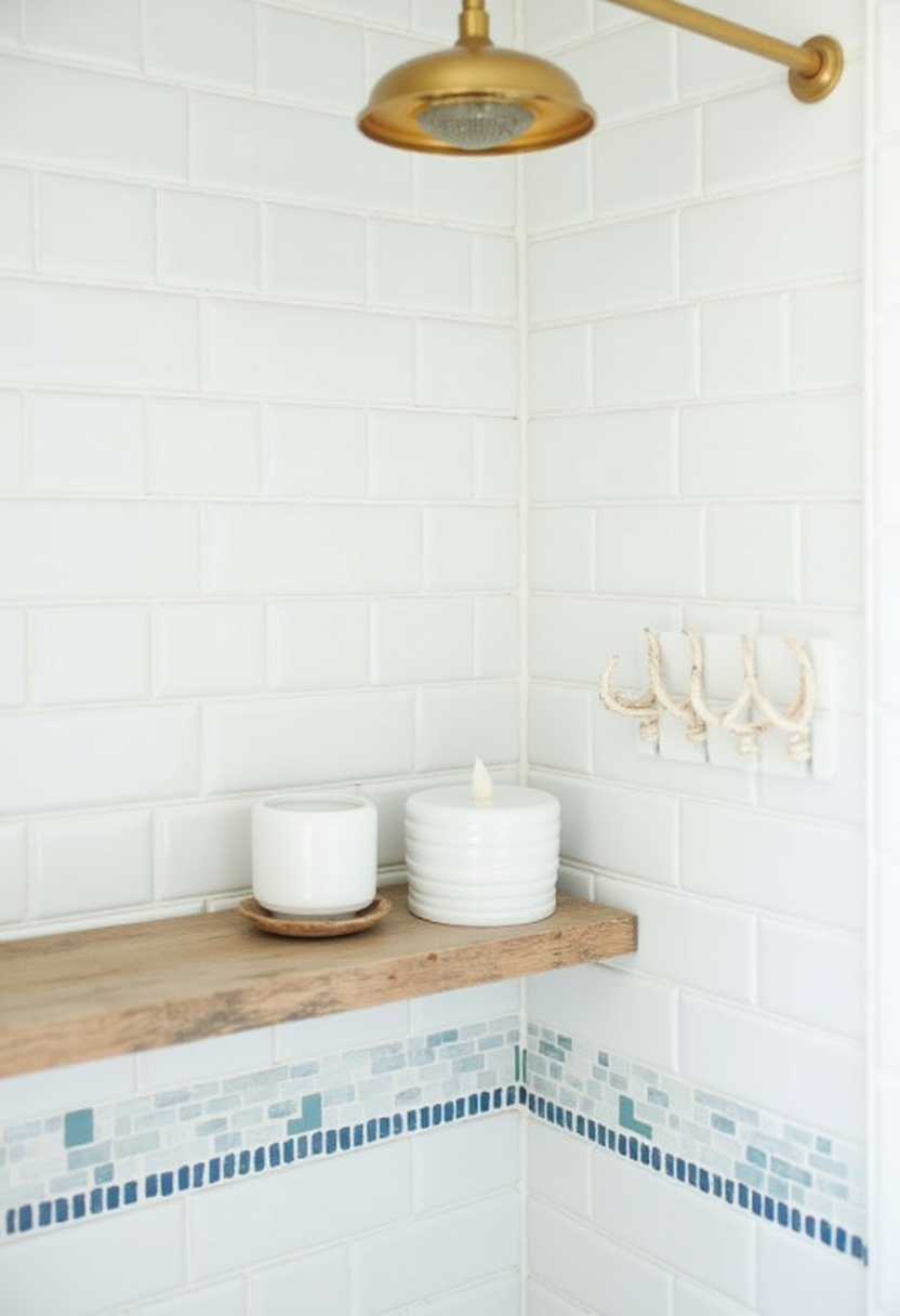 Chic minimalist shower with white subway tiles, brass showerhead, a wooden shelf with a candle, and mosaic tile accents. Simple elegance.
#BrassShowerFixtures #SubwayTileShower #BathroomMosaicDesign #WoodShelfBathroom #MinimalistShowerCorner