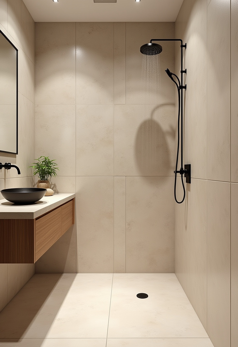 Minimalist beige tile bathroom with a black rain showerhead, wooden vanity, and a vessel sink. A plant brings in fresh contrast and elegance.
#BeigeTileBathroom #BlackShowerhead #WoodVanityIdeas #MinimalistVanityStyle #ElegantBathroomLook