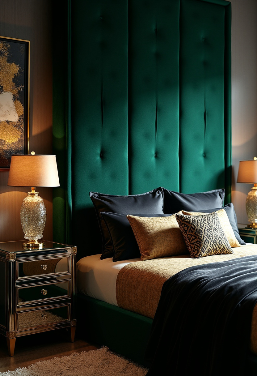 Craving a bold and elegant bedroom retreat? This luxurious space features a tall, tufted green headboard paired with gold and black bedding for a rich, dramatic look. Mirrored nightstands with twin lamps add a perfect touch of glam and sophistication. Save this stunning setup for your luxe home inspiration!
#LuxuryBedroom #TuftedHeadboard #GoldAndBlackBedding #GlamDecor #MirroredNightstands #ElegantInteriors #BedroomInspo