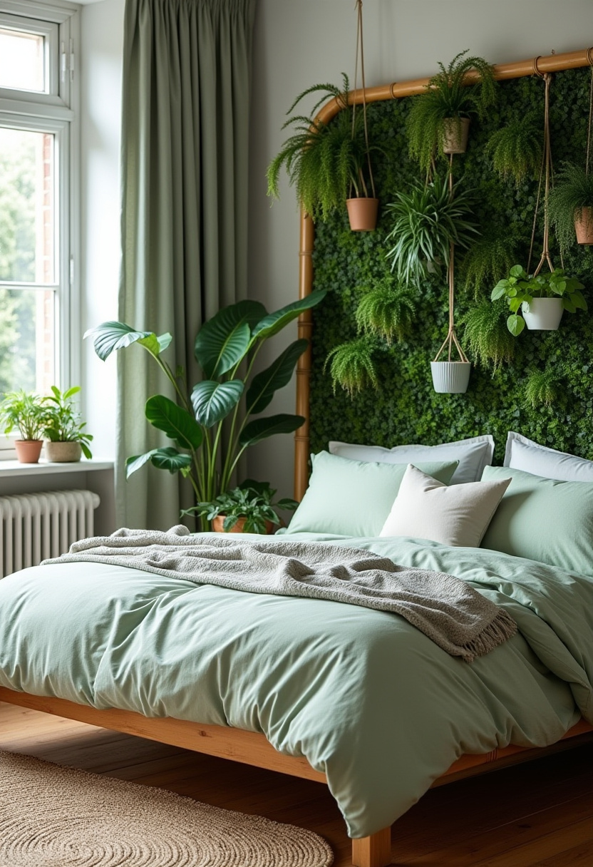 Love the calm of nature indoors? This cozy bedroom features a lush green plant wall and leafy accents that perfectly complement the mint-colored bed set. Natural light and warm wood tones bring balance and serenity, creating the ultimate peaceful retreat. Pin this for fresh, calming bedroom inspiration!
#CozyBedroom #PlantWallDecor #MintGreenBedding #BiophilicDesign #NaturalLightInteriors #WoodTones #BedroomInspo