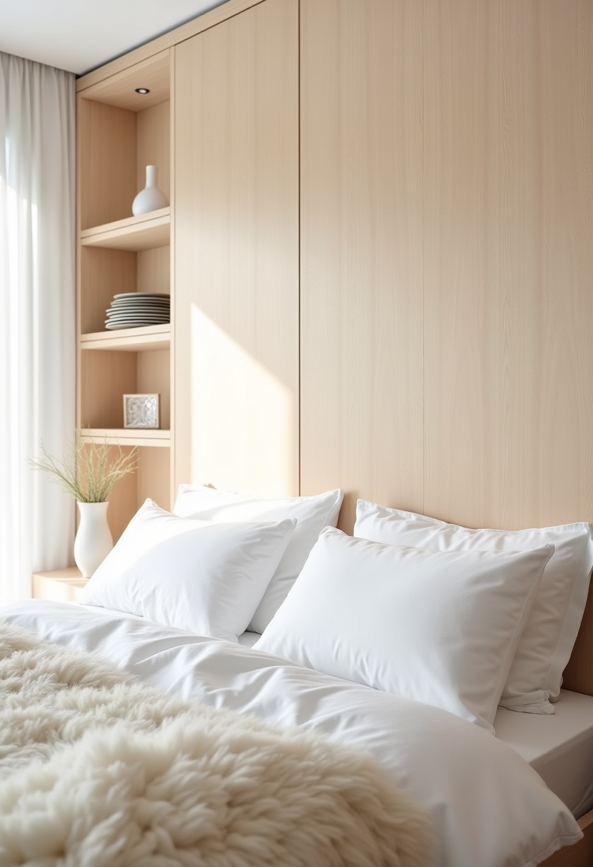Looking for a calm, elegant escape? This serene bedroom features crisp white bedding, fluffy pillows, and a soft fur blanket that invites relaxation. Light wood cabinetry and a simple vase with grass add natural warmth and refined charm. Pin this peaceful look for cozy bedroom inspiration!
#SereneBedroom #WhiteBedding #CozyDecor #FurBlanket #LightWoodAccents #ElegantInteriors #BedroomInspo