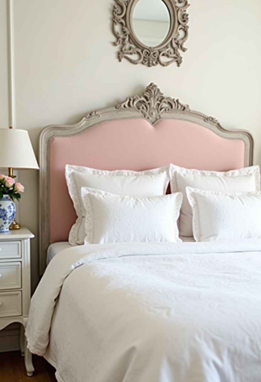 Craving timeless charm with a soft touch? This elegant bedroom features a pale pink upholstered headboard, crisp white bedding, and a beautifully ornate mirror above. A classic white nightstand with a lamp and fresh flowers adds to the serene, feminine vibe. Pin this graceful space for romantic bedroom inspiration!
#ElegantBedroom #PalePinkHeadboard #WhiteBedding #ClassicDecor #FeminineInteriors #SereneSpaces #BedroomInspo