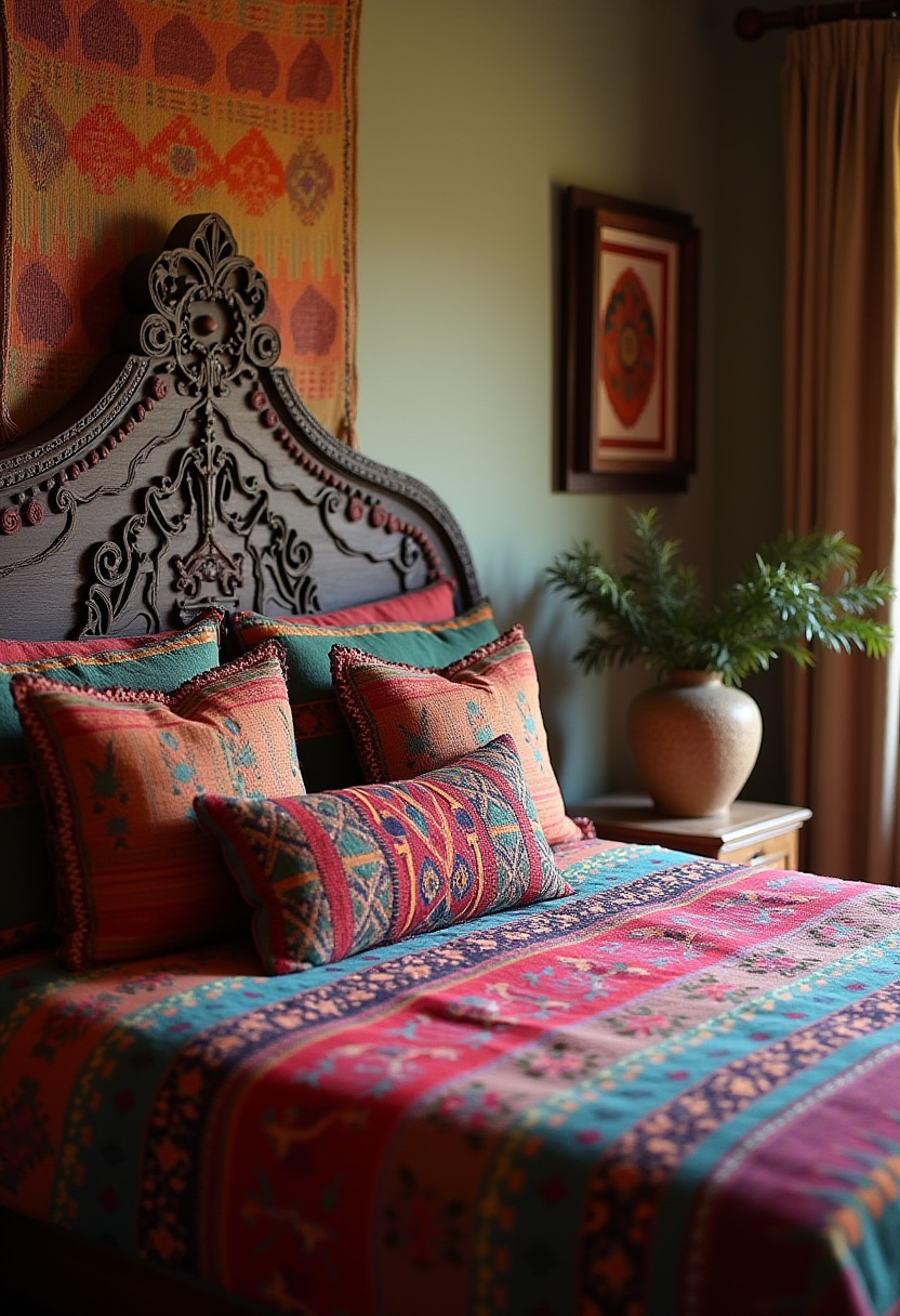 Love bold color and global charm? This cozy bedroom features an ornate bed with vibrant bedding and cushions in rich red, orange, and teal tones. A tapestry headboard, potted plant, and framed art add texture and warmth, creating a space full of personality and comfort. Pin this inviting setup for eclectic bedroom inspiration!
#EclecticBedroom #VibrantBedding #TapestryHeadboard #CozyBohoStyle #ColorfulHomeDecor #WarmInteriorVibes #BedroomInspo
