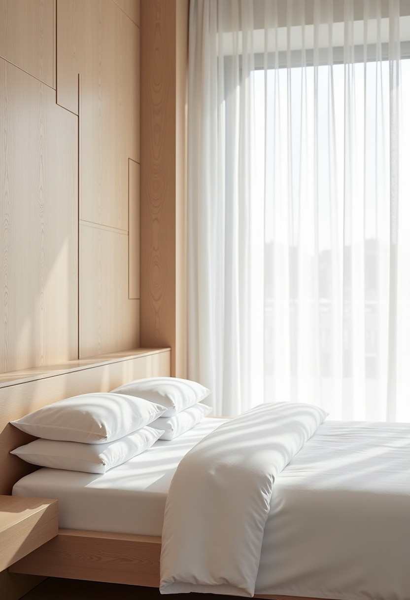 Love calm, clutter-free spaces? This minimalist bedroom features a warm wooden accent wall, soft natural light filtered through sheer curtains, and a neatly made bed with crisp white linens and plush stacked pillows. The serene ambiance is perfect for those who crave restful, intentional living. Save this peaceful setup for your minimalist home goals!
#MinimalistBedroom #WoodAccentWall #WhiteLinenBedding #SereneSpaces #NaturalLightInteriors #CalmHomeDecor #BedroomInspo