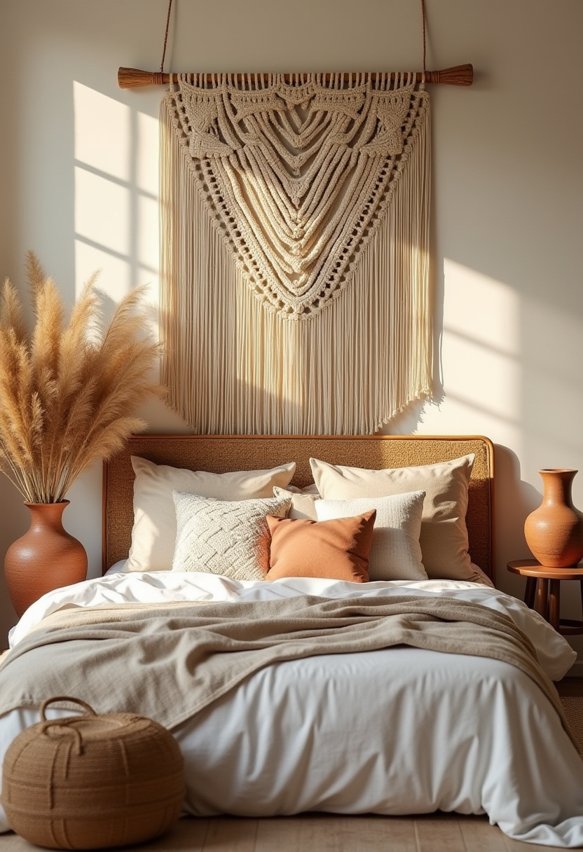 Love relaxed, earthy vibes? This cozy boho bedroom features a textured macramé wall hanging above a bed layered with soft, neutral pillows, all bathed in warm sunlight. It’s the perfect blend of comfort and style for free-spirited, serene spaces. Save this dreamy setup for your boho decor board!
#BohoBedroom #MacrameWallHanging #CozyBohoStyle #NeutralDecor #LayeredBedding #WarmSunlightInteriors #BedroomInspo