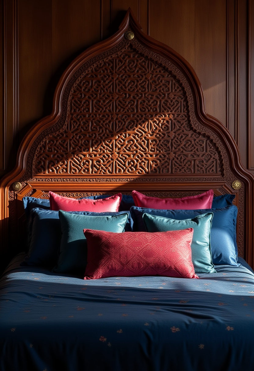 Love rich textures and bold color? This bedroom stuns with an ornate wood-carved headboard, its intricate details glowing in the sunlight. Vibrant red and blue pillows on a deep navy bedspread add elegance and depth, creating a space that feels both luxurious and serene. Pin this for timeless bedroom inspiration!
#LuxuryBedroom #WoodCarvedHeadboard #BoldColorDecor #NavyBedspread #ElegantInteriors #SereneSpaces #BedroomInspo