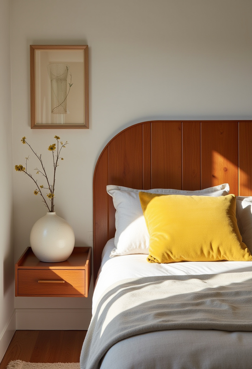 Craving a warm and inviting bedroom? This cozy space features a wooden headboard, a neatly made bed with a cheerful yellow pillow and a soft beige blanket. A vase of fresh flowers on the nightstand and framed art above complete the serene, homey vibe. Pin this for cozy bedroom inspiration!
#CozyBedroom #WoodHeadboard #WarmInteriors #YellowAccentPillow #NeutralBedding #SereneHomeDecor #BedroomInspo