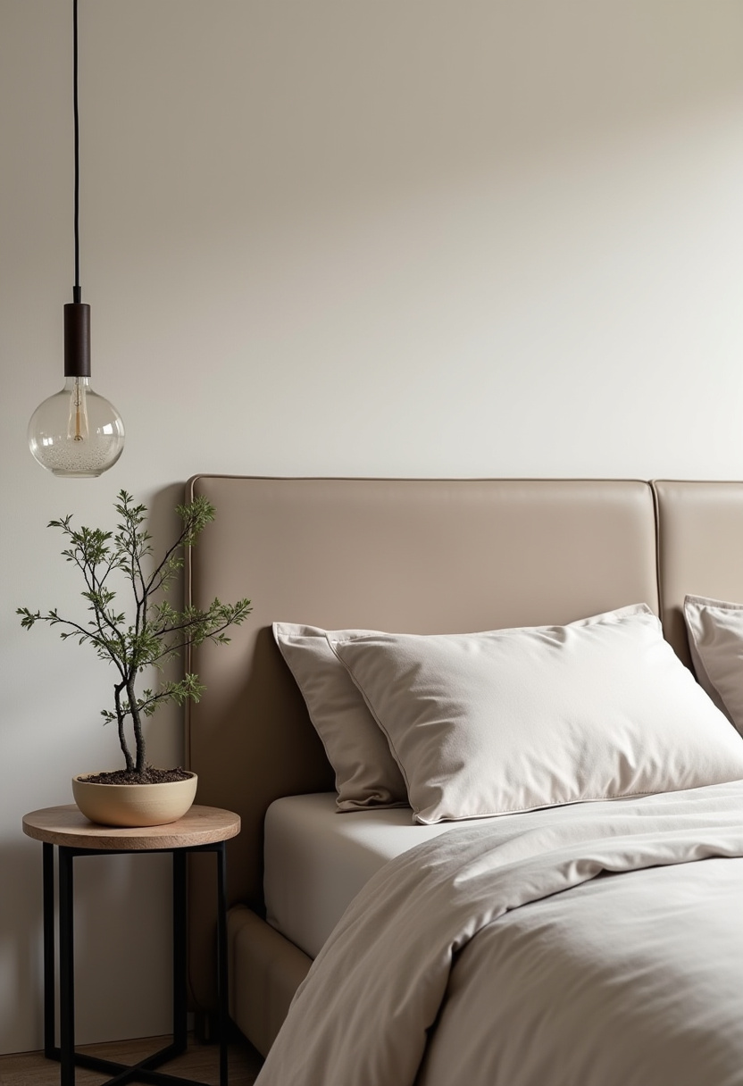 Drawn to simplicity and calm? This minimalist bedroom features a soft beige headboard and pillows, a sleek wooden bedside table with a small plant, and a single hanging bulb for a warm, cozy glow. It’s the perfect blend of modern comfort and serene style. Pin this peaceful setup for minimalist bedroom inspo!
#MinimalistBedroom #BeigeDecor #CozyModernStyle #WoodBedsideTable #CalmInteriorVibes #SimpleHomeDecor #BedroomInspo