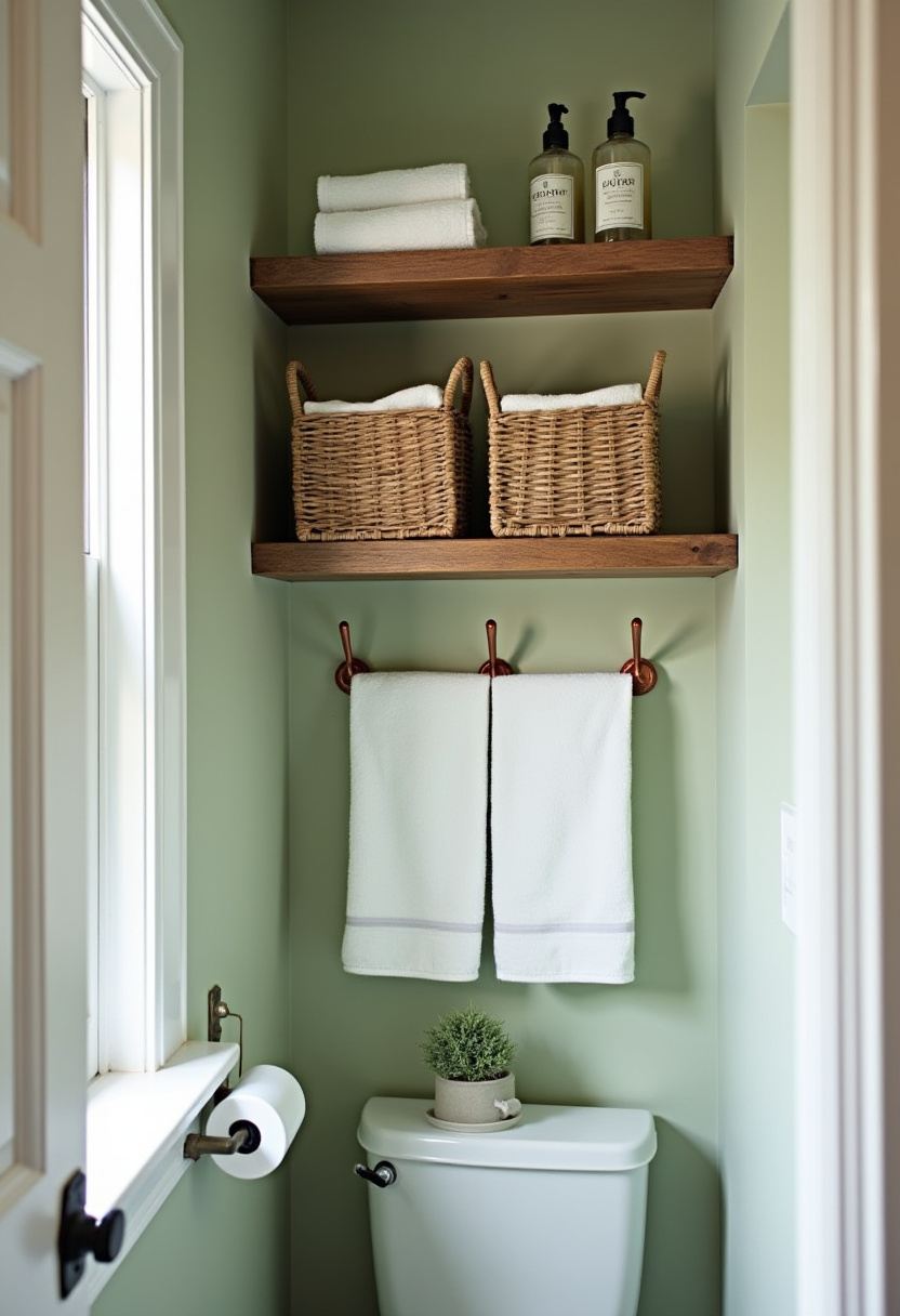 Refresh your small bathroom with light green walls, wooden shelves, and cozy baskets for towels. A nearby window and plants add natural warmth and light to this tidy space. Pin this serene bathroom look for your small space inspiration!
#SmallBathroom #BathroomDecor #CozySpace #LightGreenWalls #NaturalLight