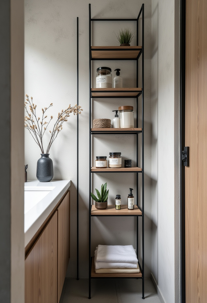 Modern bathroom style shines with a tall black metal shelf featuring wooden shelves loaded with plants, toiletries, and folded towels. A vase with dried branches completes this chic look. Save this idea for your contemporary bathroom upgrade!
#ModernBathroom #MetalShelving #BathroomStorage #ContemporaryDesign #ChicInteriors
