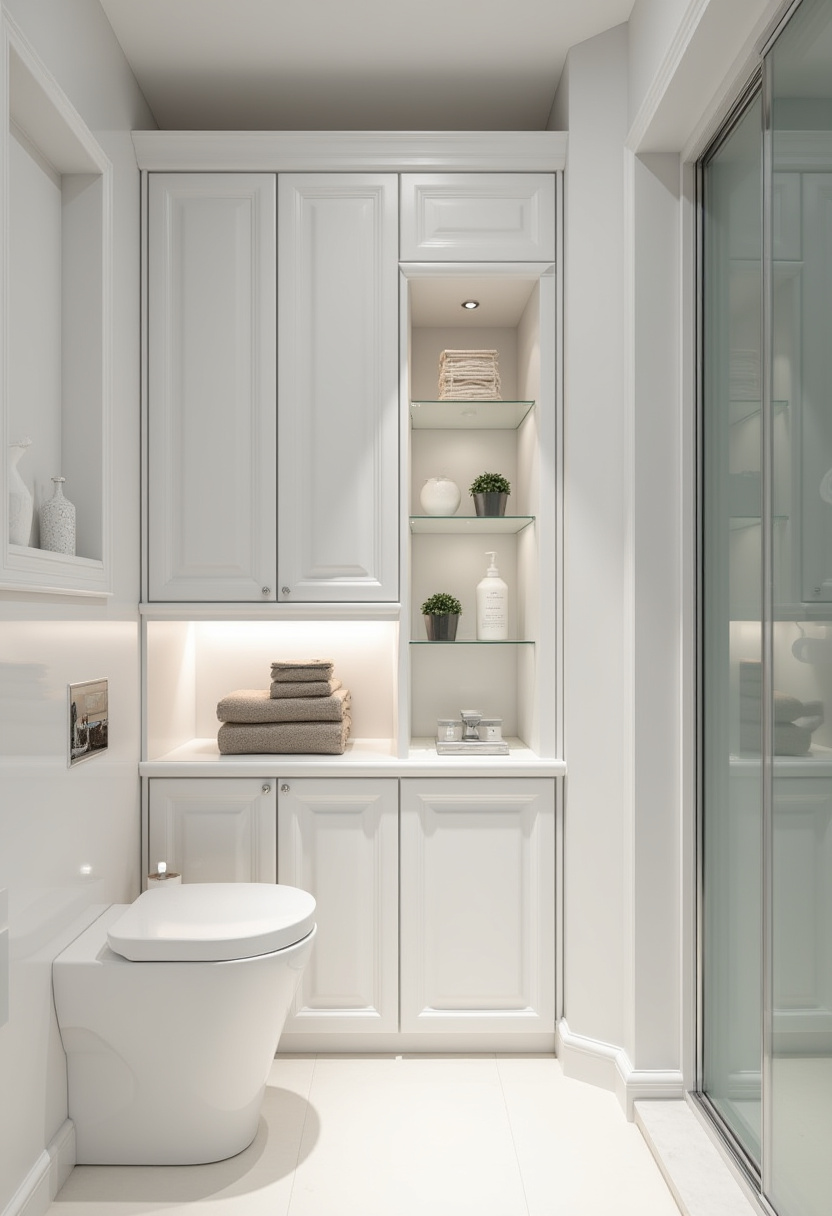 Enjoy the clean simplicity of a minimalist white bathroom with built-in shelves for towels and small plants. Soft lighting enhances the serene and fresh ambiance—perfect for anyone seeking calm and clarity in bathroom design. Pin this peaceful bathroom vibe!
#MinimalistBathroom #CleanDesign #BathroomInspo #SoftLighting #SereneSpace
