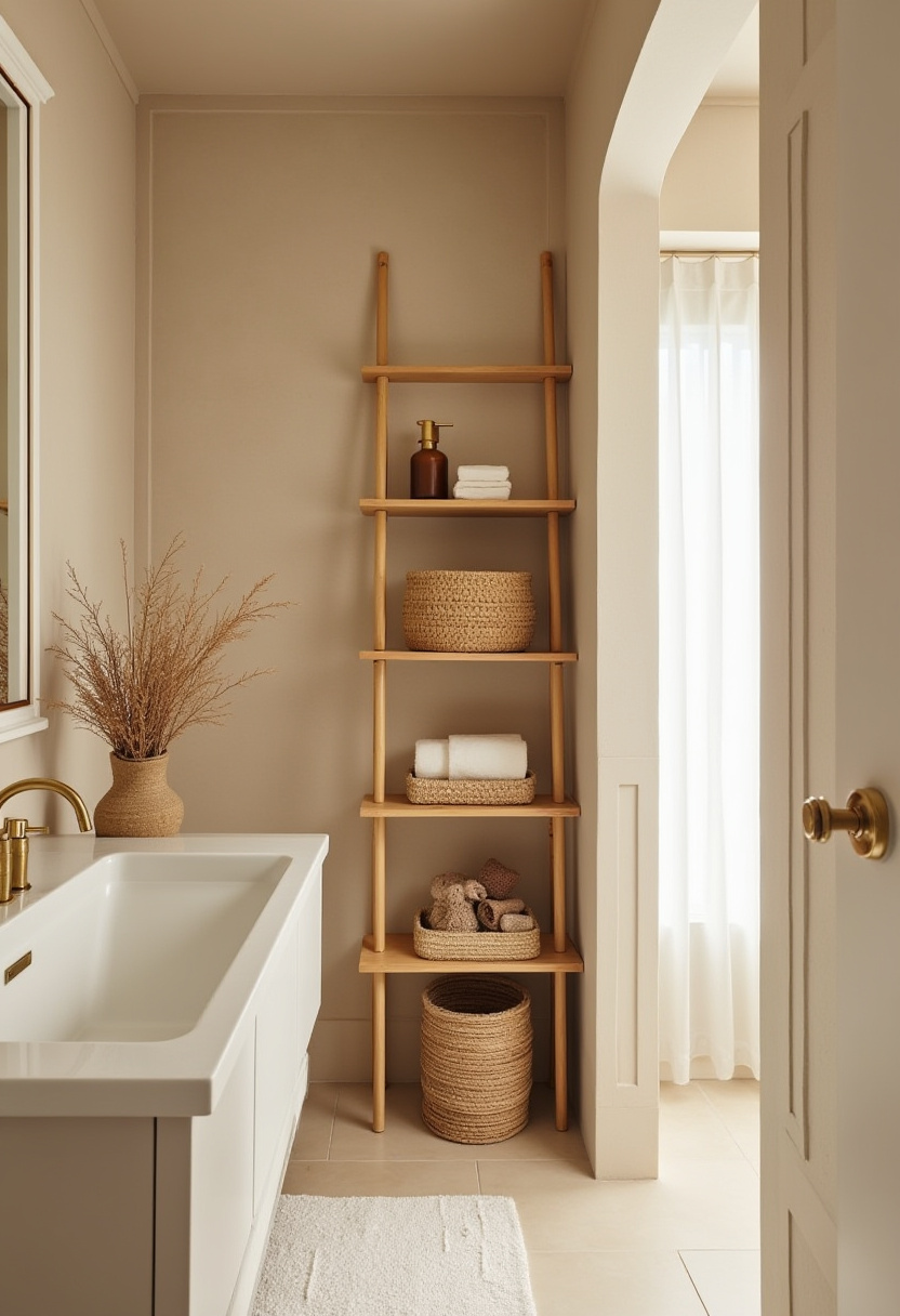 Add natural warmth to your bathroom with a wooden ladder shelf holding towels, baskets, and a soap dispenser. Neutral tones, soft lighting, and dried grasses bring cozy elegance to this minimalist space. Save this for rustic-modern bathroom ideas!
#BathroomDecor #WoodenLadderShelf #NeutralTones #CozyBathroom #NaturalElements