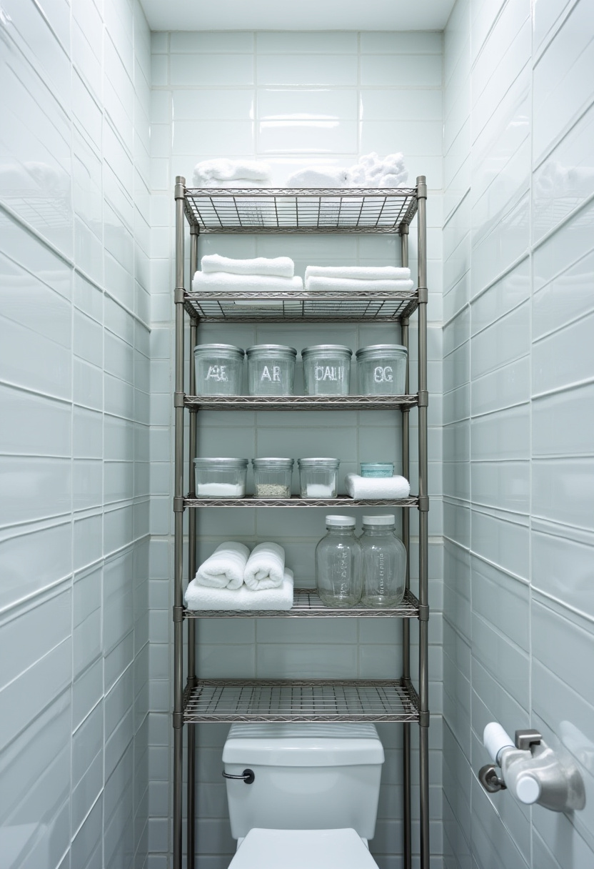 Organize your bathroom with a tall metal shelving unit above the toilet, featuring folded towels and labeled jars. White tiles keep the space bright and fresh, perfect for a clean, organized bathroom look. Pin this minimalist storage solution!
#BathroomOrganization #MinimalistBathroom #MetalShelving #CleanDesign #BathroomStorage