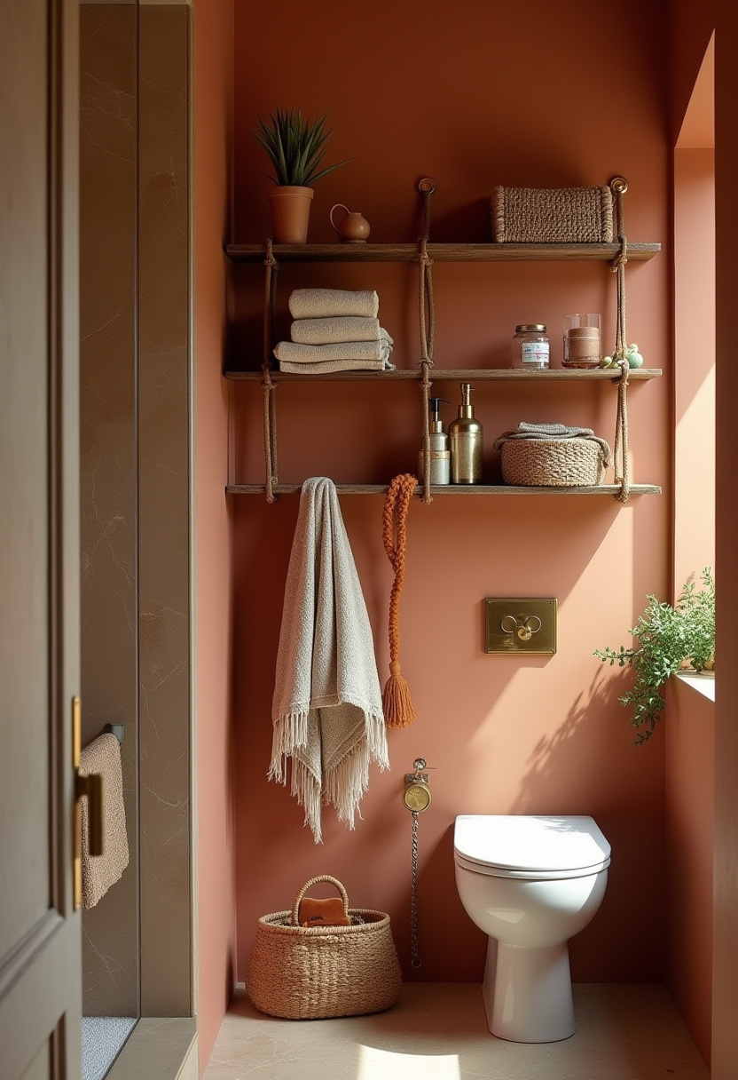 Create a sunlit cozy bathroom with terracotta walls, rope-hung shelves, and white fixtures. Towels, plants, and toiletries complete this warm, serene retreat. Pin this inviting bathroom design for rustic and natural home inspiration!
#CozyBathroom #TerracottaWalls #RusticDecor #BathroomInspiration #NaturalLight