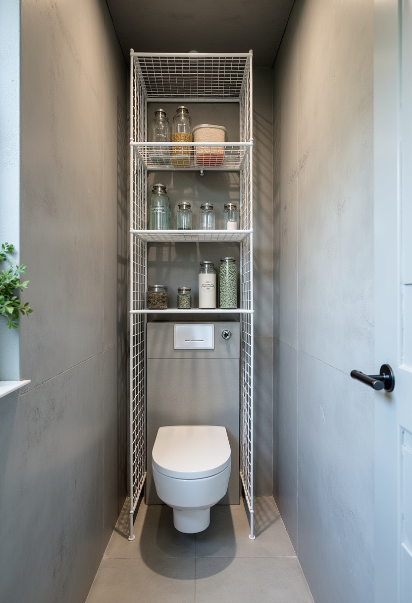 Simplify your bathroom with minimalist gray walls, a white wall-mounted toilet, and tall white metal racks holding glass jars of grains. This clean, organized look is perfect for anyone loving simple, functional design. Save this for bathroom organization ideas!
#MinimalistBathroom #BathroomOrganization #CleanDesign #GrayWalls #FunctionalSpace
