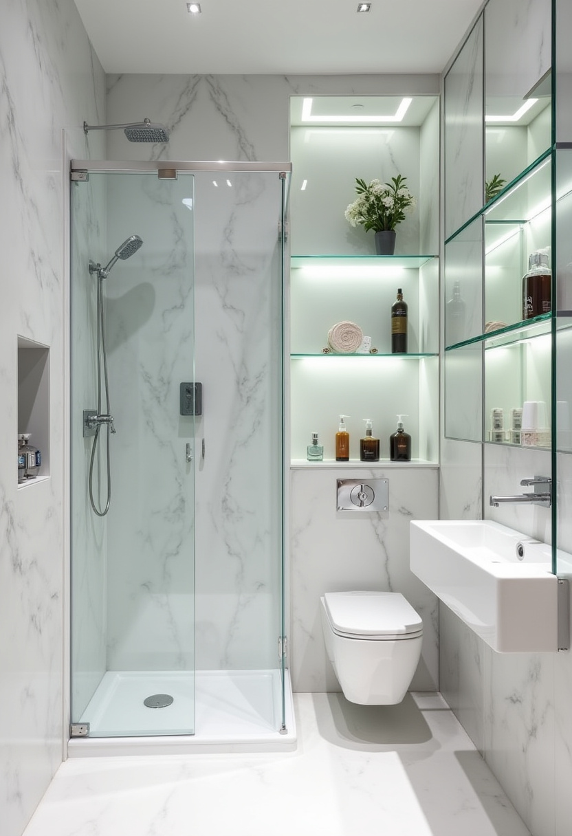 Step into a modern bathroom with white marble walls, a glass shower, and sleek fixtures. Shelves hold plants and toiletries, blending luxury with minimalist vibes. Pin this chic bathroom style for a clean, fresh home update!
#ModernBathroom #MarbleWalls #MinimalistDesign #LuxuryBathroom #CleanInteriors
