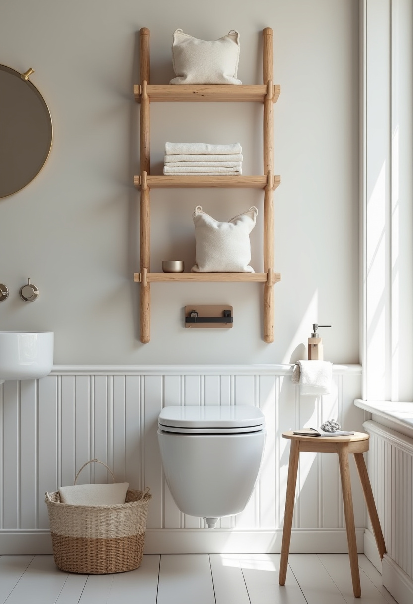 Discover a serene minimalist bathroom with light wood shelving holding rolled towels and pillows. A round mirror, floating toilet, and cozy basket complete this peaceful space. Save this calm bathroom inspiration for your next remodel!
#MinimalistBathroom #LightWoodShelves #SereneSpace #BathroomDecor #CleanDesign