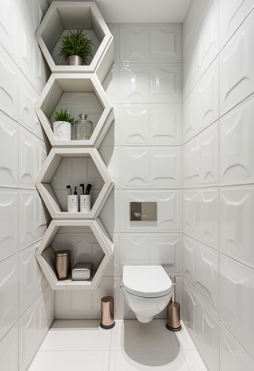 Modern bathroom style meets functionality with white geometric tiles and hexagonal shelves displaying green plants and toiletries. Sleek toilets and metallic accents add a polished finish to this minimalist design. Pin this trendy bathroom look!
#ModernBathroom #GeometricTiles #BathroomDesign #MinimalistStyle #HomeDecor