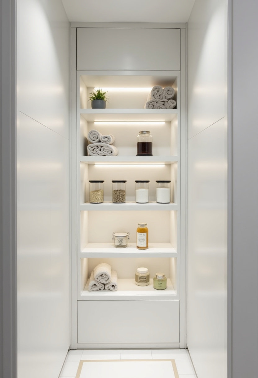 Organize your kitchen essentials in style with this minimalist white pantry featuring neatly arranged towels, jars of grains, and toiletries. Illuminated shelves add a clean, serene touch to everyday storage. Find inspiration for a clutter-free, beautiful pantry space today!
#MinimalistPantry #KitchenOrganization #PantryGoals #CleanLiving #HomeInspiration