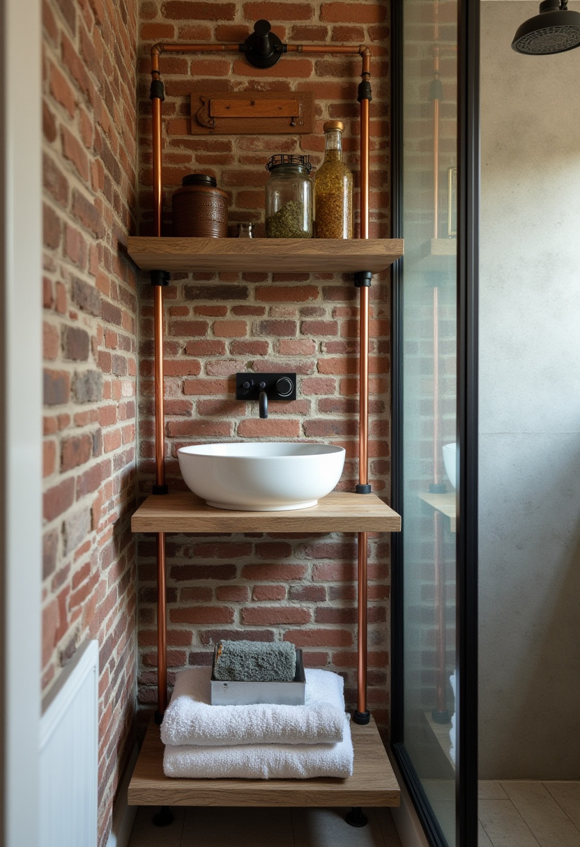 Bring rustic charm to your compact bathroom with a white bowl sink on a wooden shelf set against an exposed brick wall. Glass jars and folded towels add cozy touches that make this space inviting. Save this rustic bathroom idea for small space inspiration!
#RusticBathroom #ExposedBrick #CompactBathroom #CozyDecor #BathroomInspiration