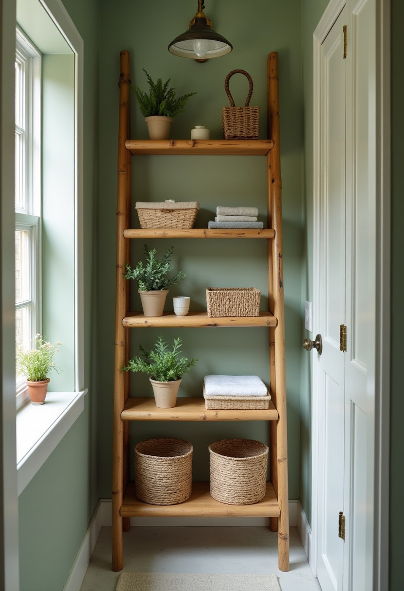 Create a cozy corner with a wooden ladder shelf against a rich green wall, filled with potted plants, wicker baskets, and soft towels. The vintage-style light adds warmth to this inviting space. Pin this for rustic and cozy home decor inspiration!
#CozyBathroom #RusticDecor #WoodenLadderShelf #IndoorPlants #VintageStyle