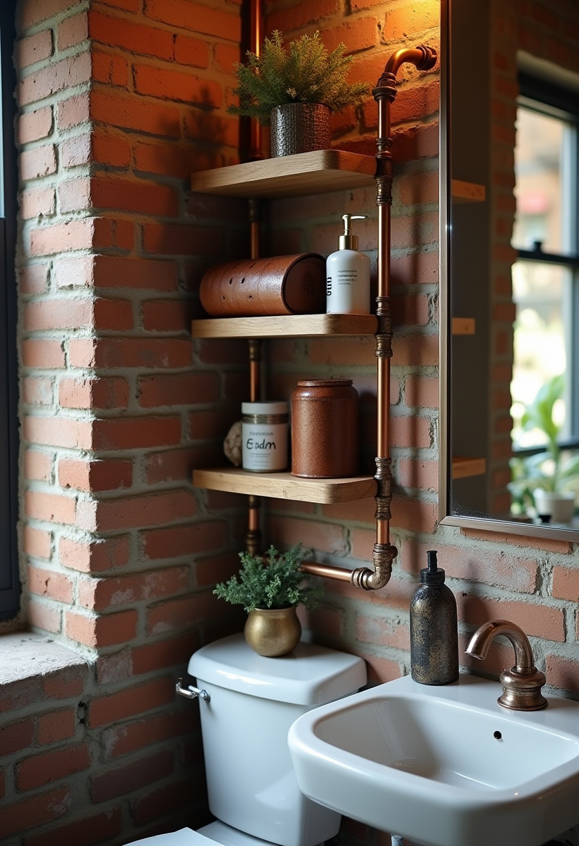 Embrace rustic charm in your bathroom with exposed brick walls, wooden shelves filled with plants and toiletries, and white fixtures. This cozy, industrial-style bathroom feels warm and inviting. Save this look for a rustic bathroom makeover!
#RusticBathroom #ExposedBrick #IndustrialStyle #CozyBathroom #BathroomDecor