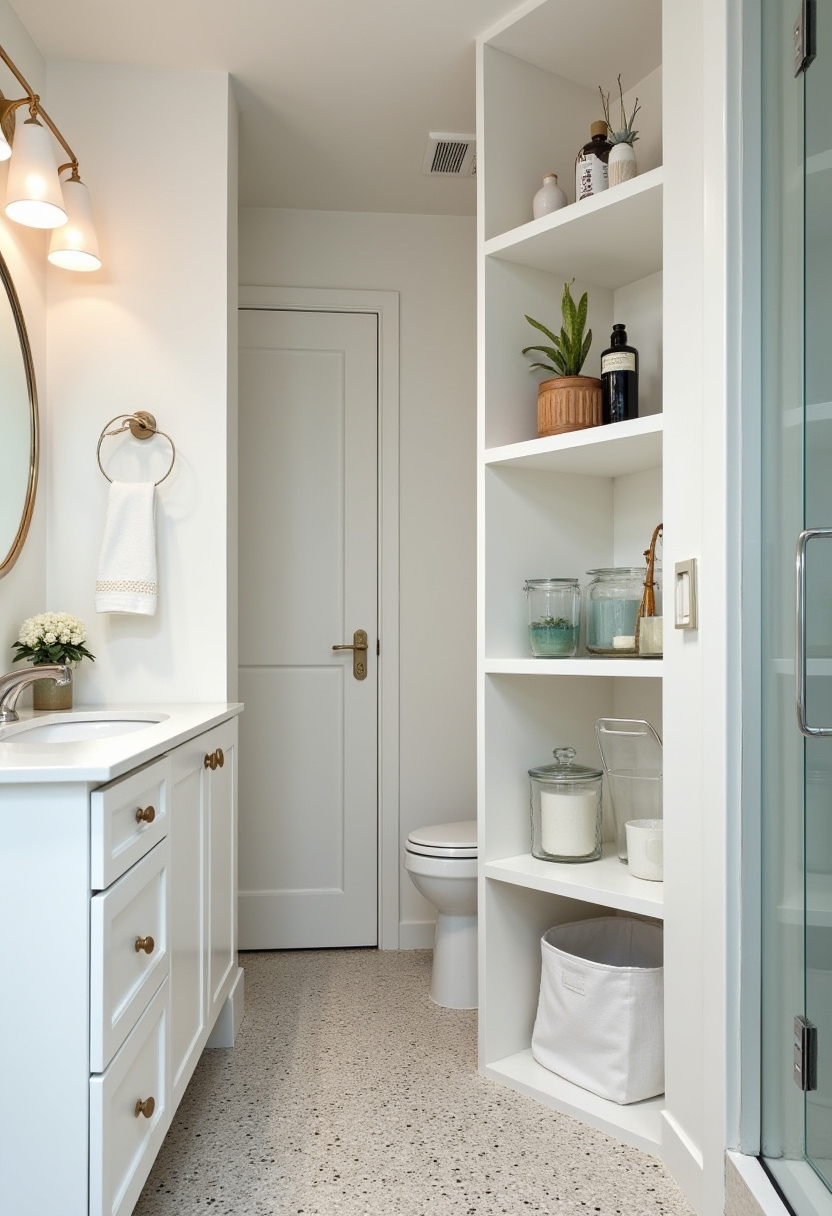 Brighten your bathroom with white cabinetry and shelves decorated with greenery and stylish jars. A round mirror and warm lighting bring calm and organization to the space. Pin this for fresh and serene bathroom decor ideas!
#BathroomDecor #OrganizedBathroom #BrightBathroom #IndoorPlants #SereneSpace