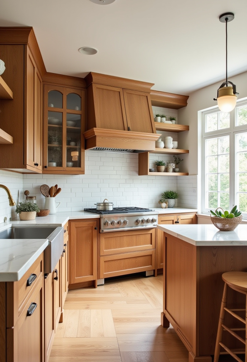 warm toned wood kitchen cabinets 1